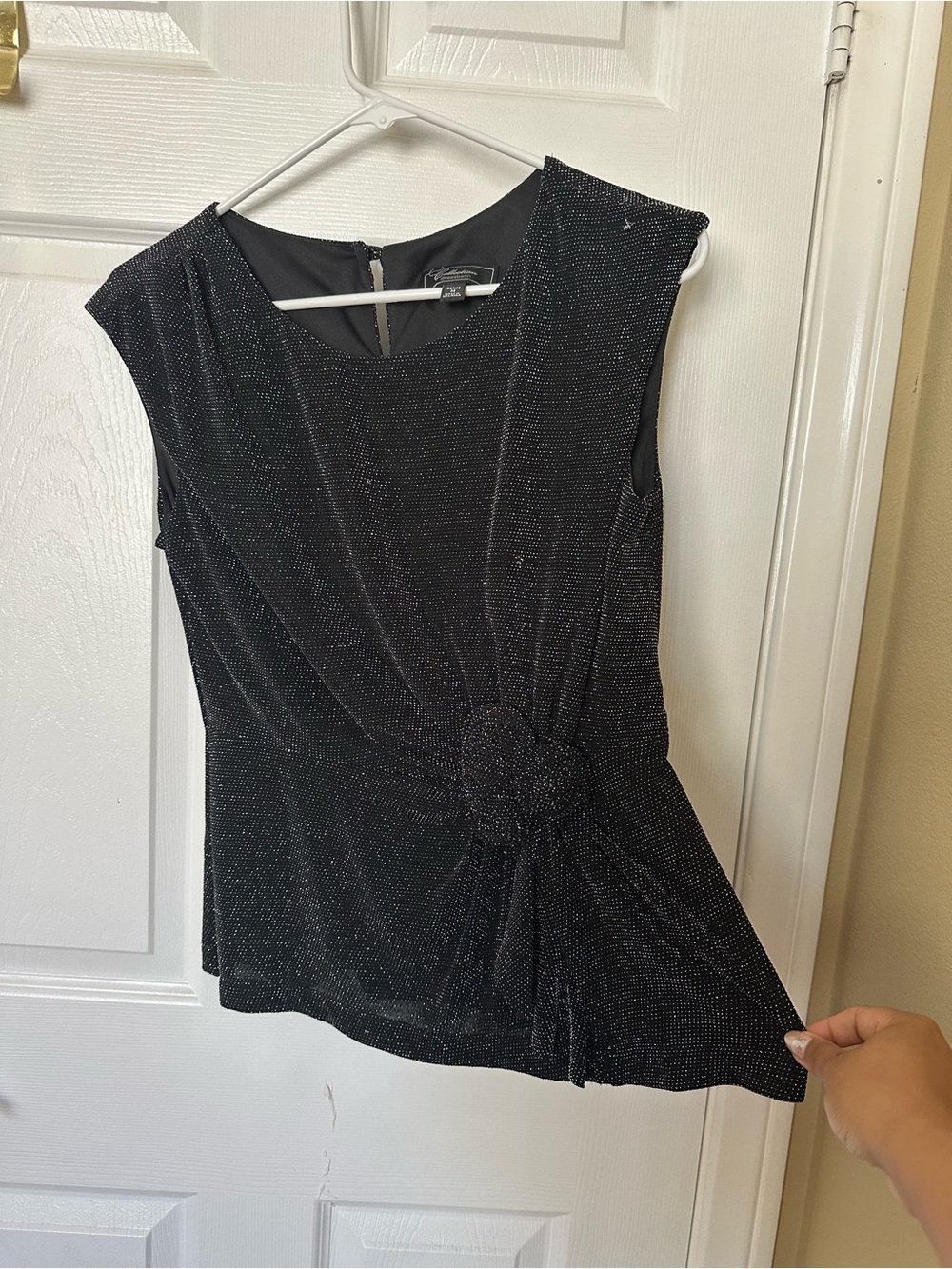 Black Sparkle Sleeveless Top with Rosette Waist